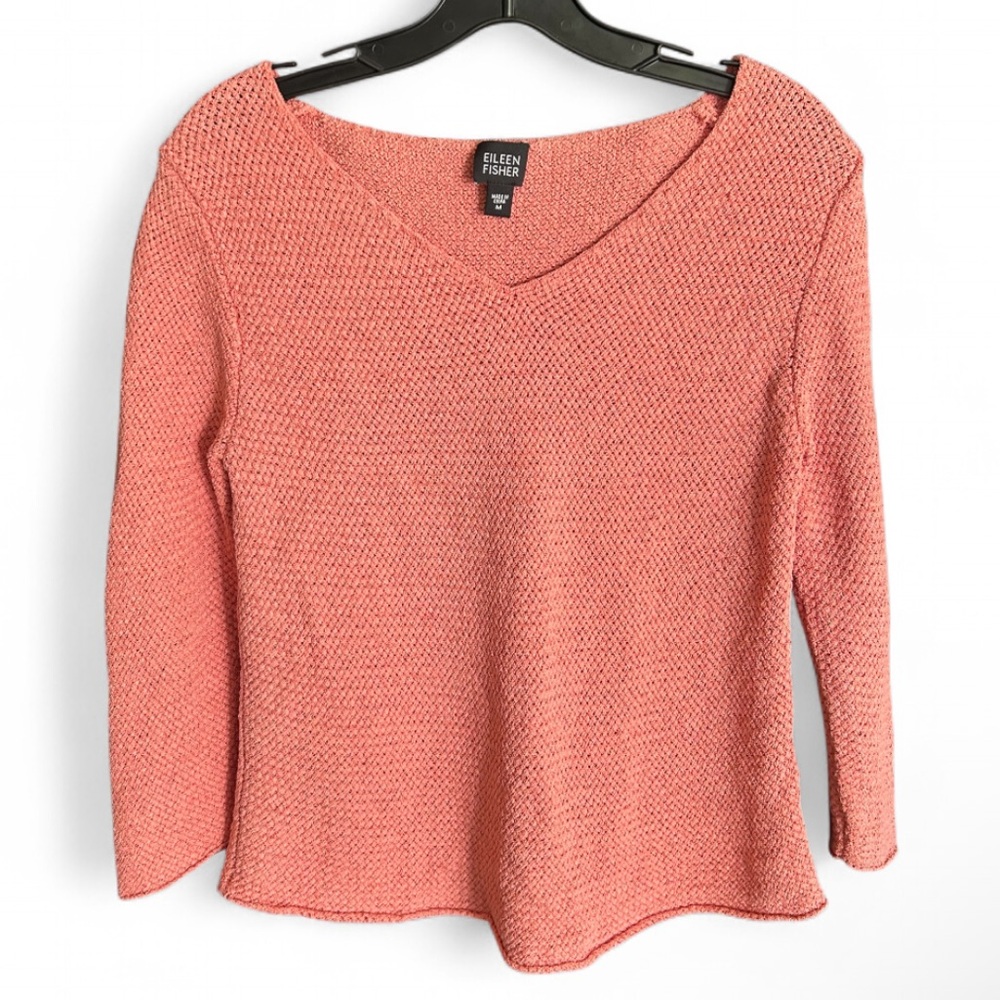 EILEEN FISHER Silk Knit V-Neck Sweater 3/4 Sleeve Quiet Luxury Parisian Coral M